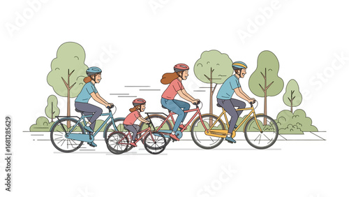 Family Cycling Adventure: A family cycles along a park path on a sunny day, enjoying a shared experience of fresh air, physical activity, and quality time together.