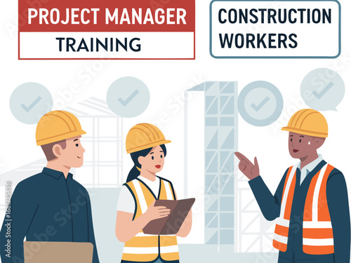 “Construction Workers Safety Training Illustration – Workplace Safety, Engineering Team Meeting, Occupational Health Checklist in Flat Vector Style”