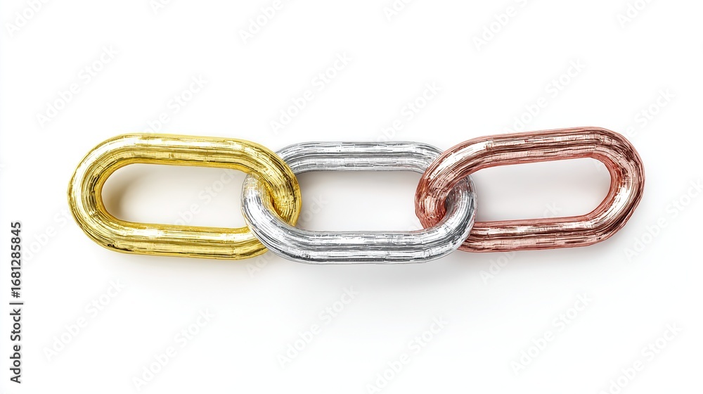 Obraz premium A simple background, with interlocking elements of gold, silver, and copper chains, symbolizes connection or collaboration in business, technology, or social networks.