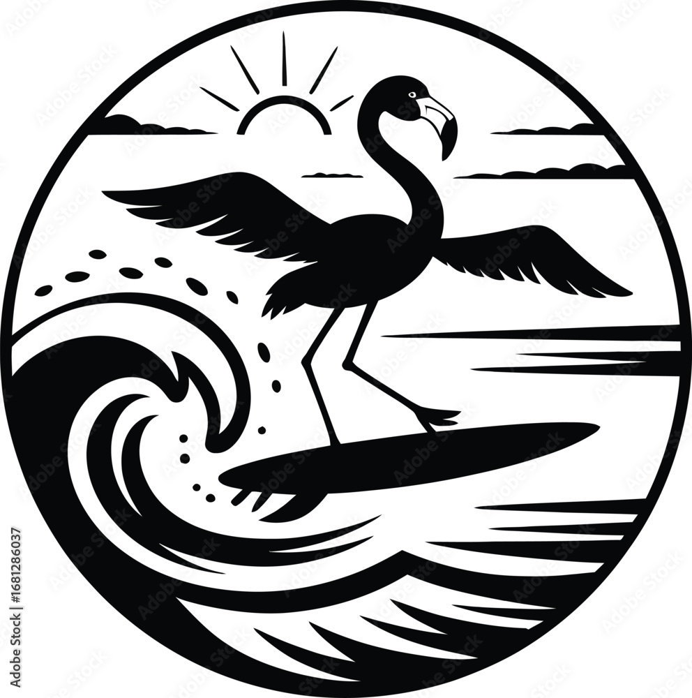 Fototapeta premium Flamingo surfing ocean wave circle design silhouette
