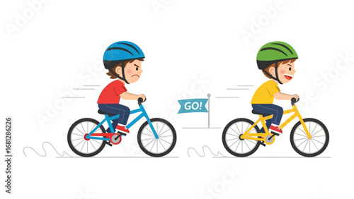 Bicycle Race: One boy, helmet on, rides a bicycle towards the GO banner with the other happily behind and smiling, exemplifying healthy, active lifestyles.