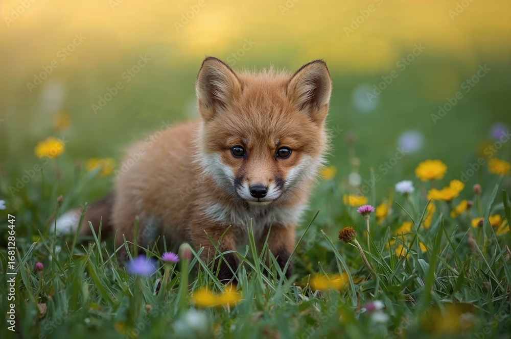 Obraz premium Small crimson fox cub bathed in sunset glow