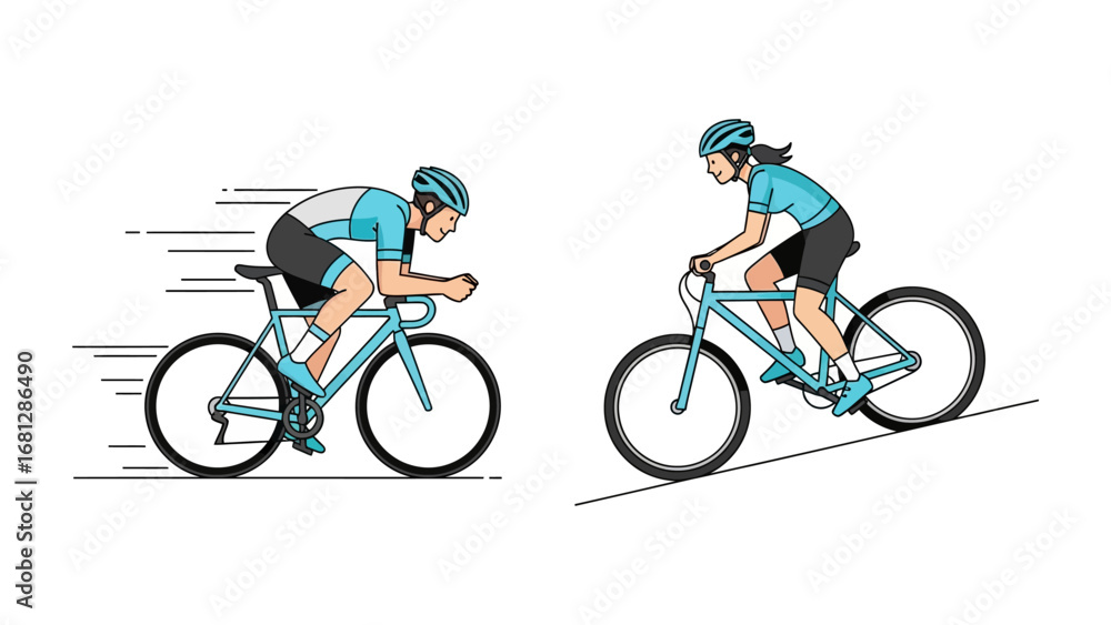 Obraz premium Cycling Techniques: A dynamic illustration showcasing two distinct cycling styles: one for speed and another for ascending a slope, perfect for illustrating different aspects of the sport. 