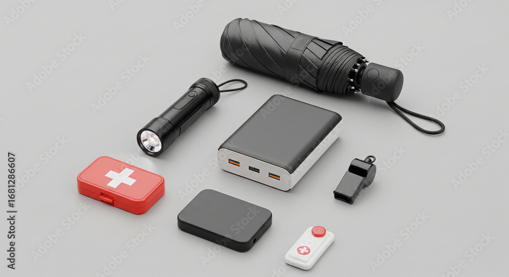 Fototapeta premium A 3D rendering of an essential emergency preparedness kit featuring a flashlight, first aid box, power bank, and personal safety alarm