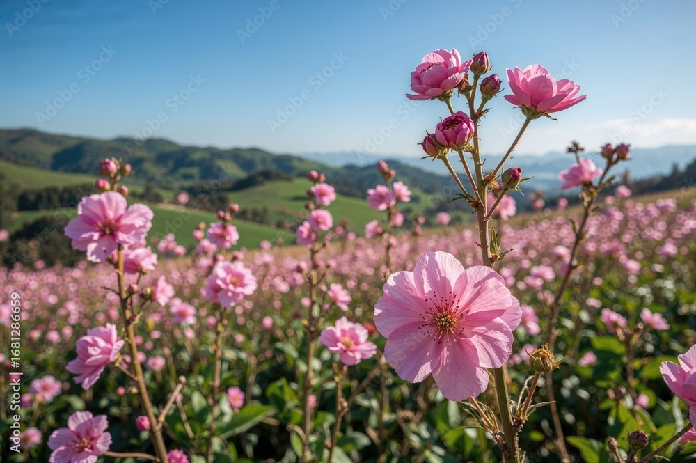 Obraz premium Numerous flowers blooming in a scenic hill garden