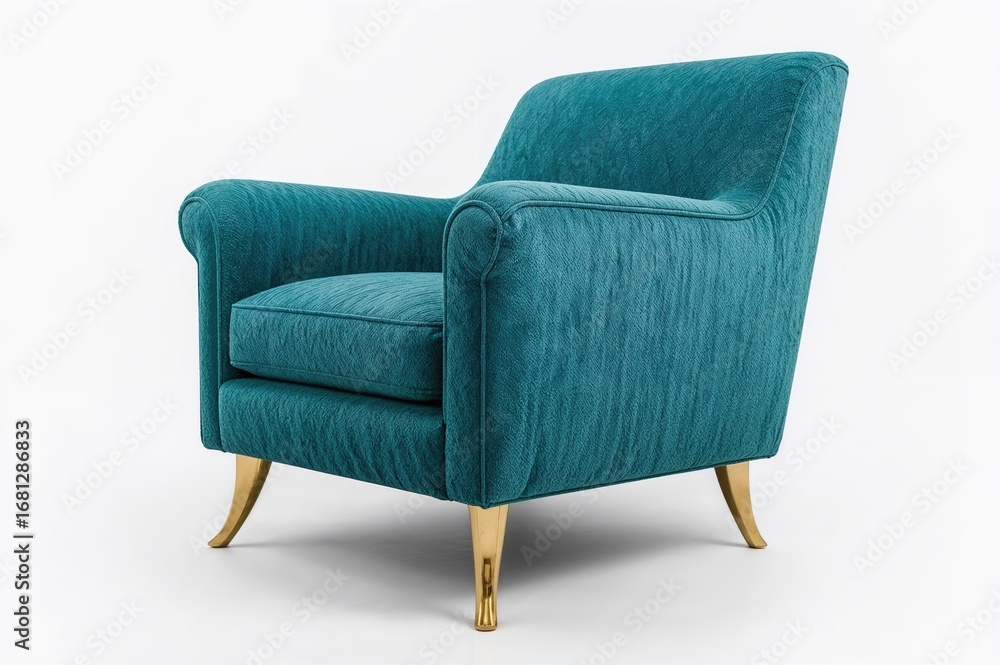 Classic turquoise quilted armchair with elegant brass legs isolated on white background with clipping path Classic turquoise quilted armchair with elegant brass legs isolated on white background with clipping path