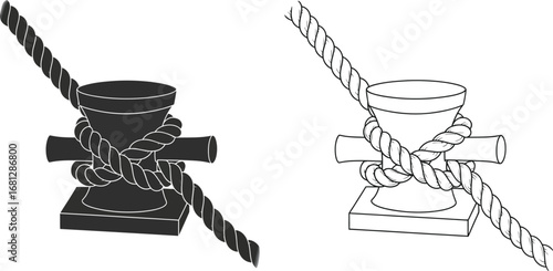 Illustration of cleat hitch knot tying rope on boat dock secure