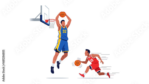Dynamic basketball scene: An illustration captures the essence of a fast-paced basketball game, with a player soaring for a slam dunk while another attempts to maneuver around his opponent.