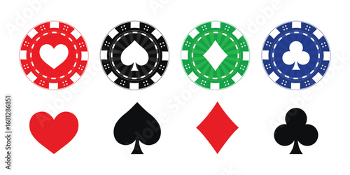 Casino Poker Chips and Card Vector Icon Set 