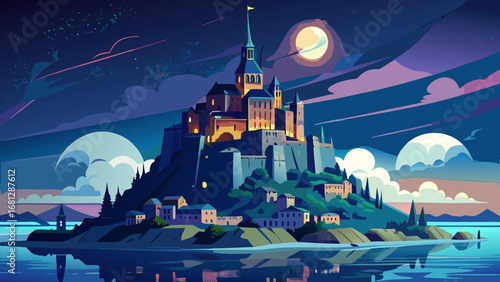 Mont-Saint-Michel, France, rises from tidal waters, crowned with abbey towers and medieval walls. Moonlit sea glistens around it; semi-realistic flat vector emphasizing dramatic silhouette and serene 