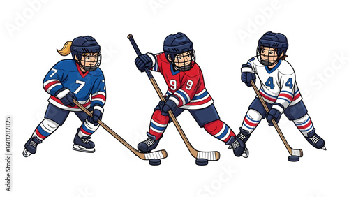 Hockey Trio in Action: Capturing a vibrant trio of hockey players in dynamic poses, blades gliding, sticks poised. They bring energy and passion of the sport alive.