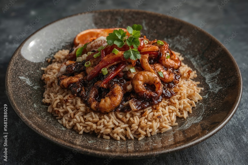 Fototapeta premium Stir-fried rice with squid and black ink sauce