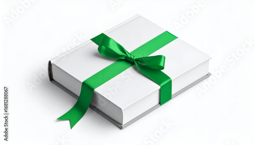 White Book Wrapped in Green Ribbon on White Background