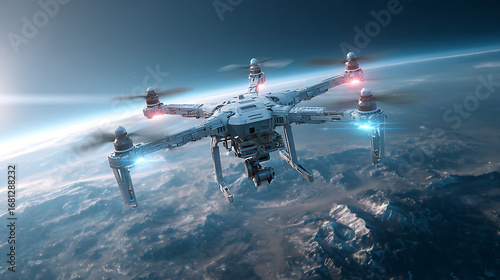 Drone technology network connecting global locations earth view digital art cyber environment futuristic concept