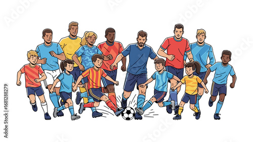 Soccer team in action: A dynamic illustration captures the excitement of a diverse soccer team during a lively match.