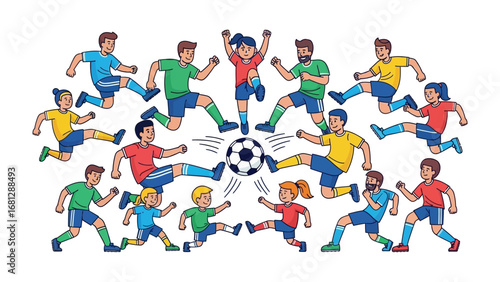Soccer action in cartoon illustration: A lively illustration of kids playing a soccer game with a spirited sense of movement, energy, and friendly competition.