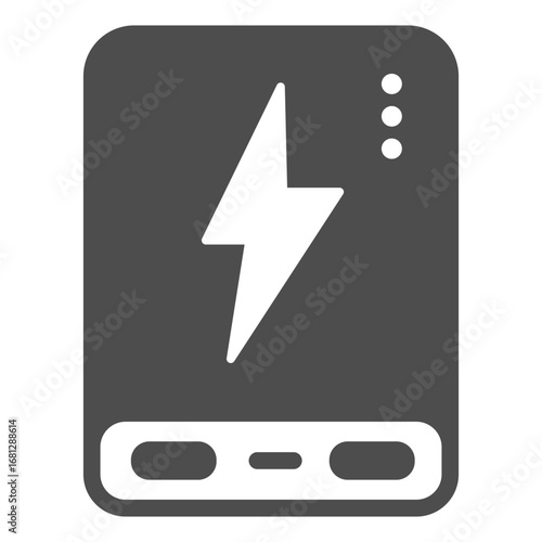 Power bank with usb, lightning and lights solid icon, electronic device concept, charger battery sign on white background, glyph style icon for mobile and web design. Vector graphics.