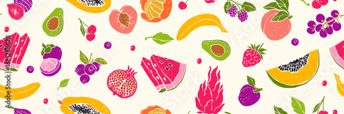 Fruit seamless pattern, hand drawn summer background, cartoon colorful organic repeat print design. Exotic nature fresh sweet food banner tropical trendy decor graphic. Vegetarian vector fruit pattern