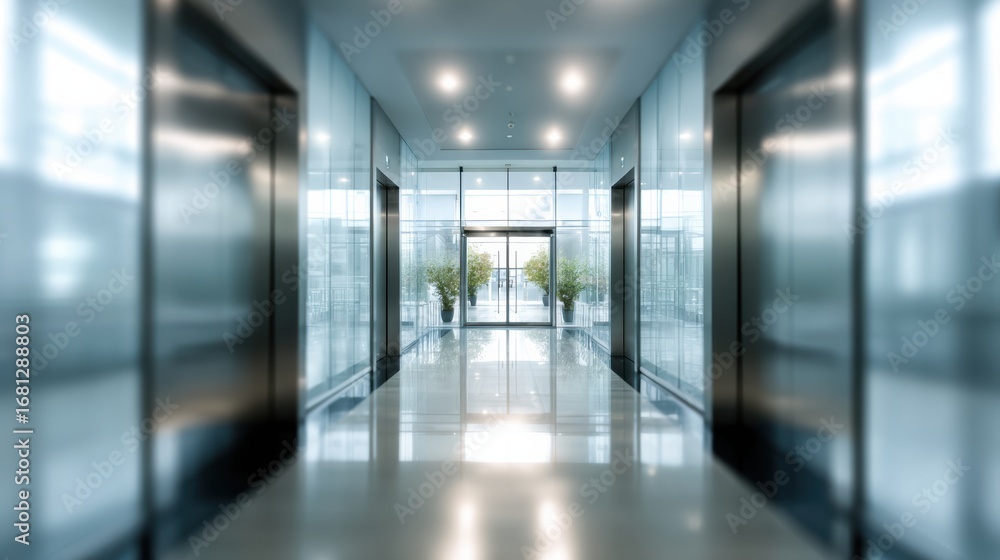 Fototapeta premium Modern corridor with glass walls and elevator doors leading to a bright entrance adorned with plants.