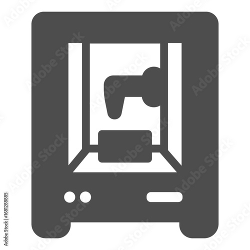 3D printer machine solid icon, smart manufacturing concept, device print volumetric plastic objects sign on white background, glyph style icon for mobile and web design. Vector graphics.