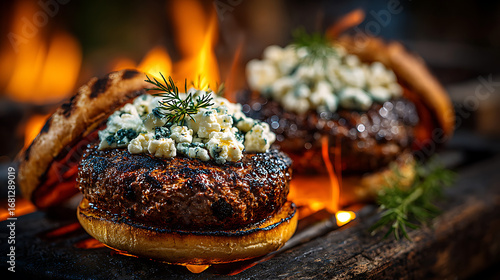 Grilling gourmet blue cheese burgers outdoor campfire food photography rustic environment close-up viewpoint culinary art