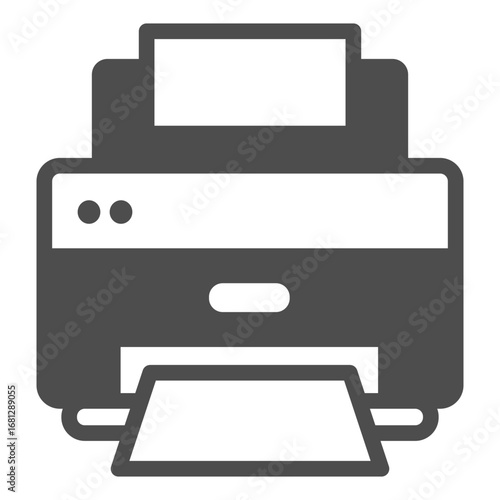 Desktop laser printer with paper solid icon, office equipment concept, PC inkjet printing machine sign on white background, glyph style icon for mobile and web design. Vector graphics.