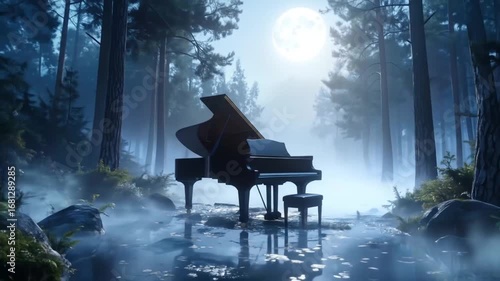 Grand Piano in Misty Forest Under Moonlight: Serene Musical Landscape