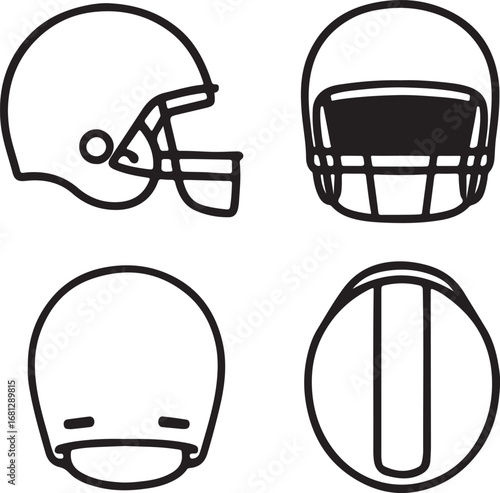 Line Drawing of Football Helmet Front, Side, and Rear Views Vector Illustration