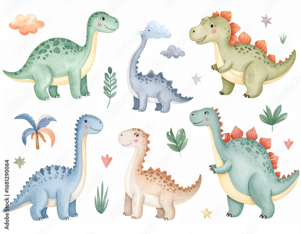 Obraz premium Collection of cute dinosaurs. Hand drawn cartoon brontosaurus, tyrannosaurus,