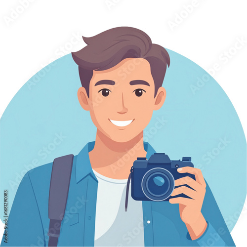 Young Male Photographer Holding Camera Vector Illustration