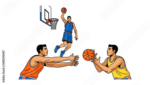 Basketball Dynamics: Energetic basketball players engage in a thrilling game, showcasing dynamic athleticism. A soaring player aims for a slam dunk, while others pass.