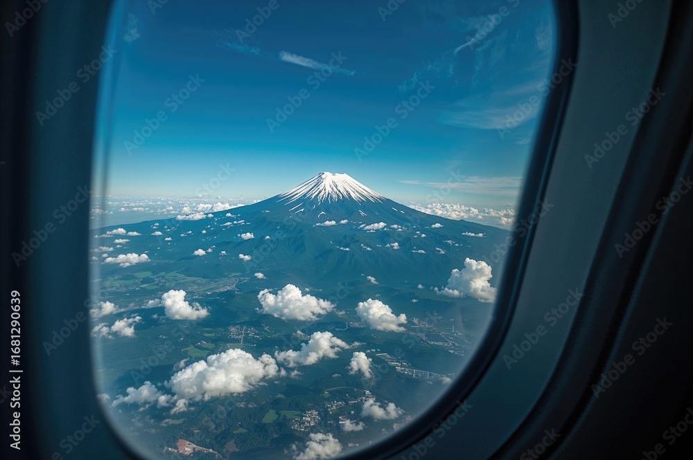 Obraz premium View of a Snow-Capped Mountain from an Airplane Window