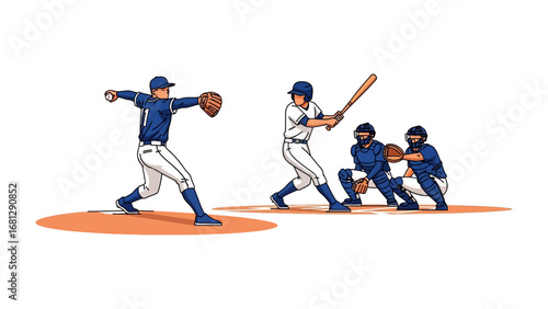 Baseball Game Play Illustration: Vivid illustration captures a baseball pitcher in the middle of his throw, alongside the batter ready to strike. A catcher is ready to catch the ball.
