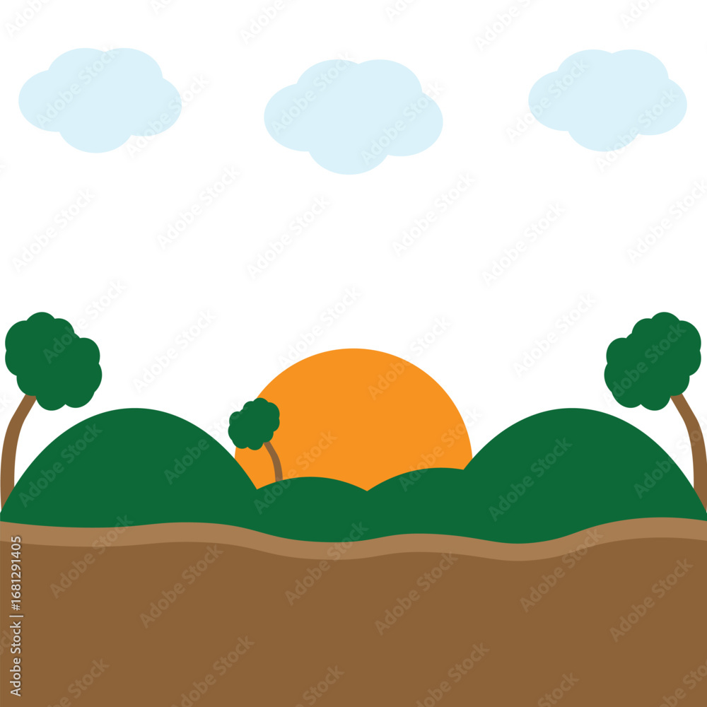 Fototapeta premium Sunrise over rolling hills with trees and clouds, flat landscape scenery