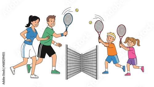 Family Tennis Time: A family of four enjoys a spirited tennis match, their movements frozen in a photorealistic tableau of healthy competition and shared recreational time.