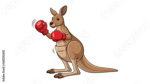 Kangaroo Boxer Ready to Fight: A lively kangaroo stands poised, donning boxing gloves, embodying the spirit of competition and athletic prowess in this dynamic cartoon illustration.