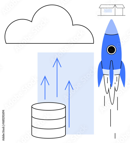 Cloud computing linked to data growth with a database, ascending arrows, rocket launch, and store icon. Ideal for technology, digital innovation, data management, startup growth, e-commerce cloud