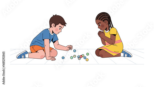 Marble Game: Two children deeply engrossed in a classic game of marbles, their focus intense and spirits high. This simple, delightful image of shared joy and the purity of childhood.
