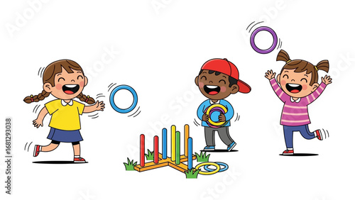 Joyful Ring Toss Game: Capturing a moment of pure, unadulterated childhood joy as children engage in a game of ring toss, laughter fills the air. Witnessing the infectious enthusiasm and pure.