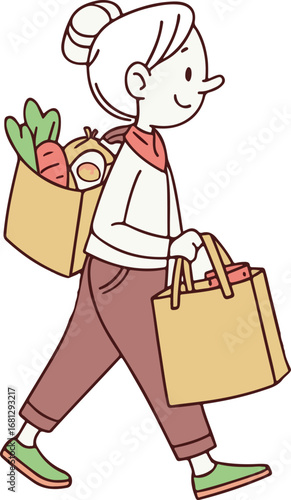 Beautiful illustration showing a female character carrying shopping bags after buying groceries in an urban setting.