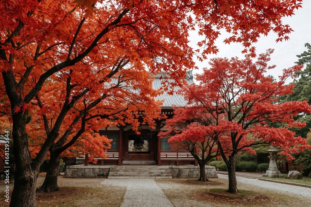 Fototapeta premium Autumn foliage with vivid red maple leaves at historic temples