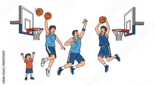 Basketball Action in Progress: Capturing the energy and precision of a basketball game, featuring various stages of play. A showcase of athletic skill and competitive spirit.
