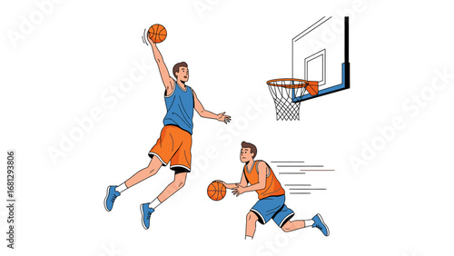 Basketball Action: Dynamic illustration of a basketball player mid-air, poised to score, as another dribbles, capturing the energy and skill of the game. 