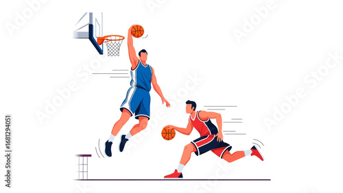High-Flying Action: A dynamic illustration capturing the intensity of a basketball game. A player executes a slam dunk, while another dribbles the ball. Focus on athletic prowess, competition.