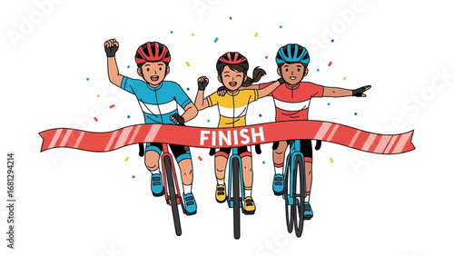 Cycling Triumph: A dynamic illustration captures the jubilant moment as three cyclists surge past the finish line, arms raised in a celebration of victory.