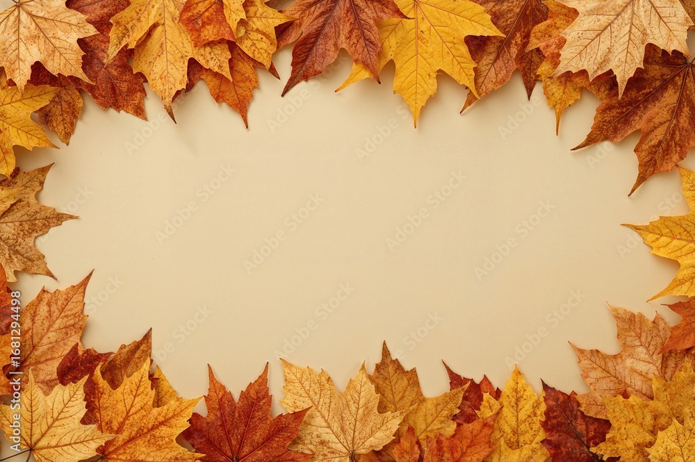 Fototapeta premium Greetings Autumn. Autumn leaves garland with a paper card on a natural backdrop. Concept of the Golden Fall season.