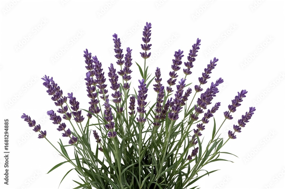 Naklejka premium Lavender blossoms with green foliage set against a white backdrop