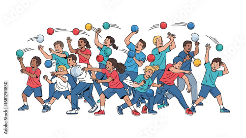 Dodgeball Action: A dynamic illustration captures the energy of a dodgeball game, with diverse figures engaged in the competitive fun, showcasing skill, coordination, and the thrill of the game.