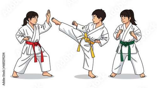 Karate Kids: A dynamic illustration of three kids demonstrating the art of karate, exuding focus, discipline, and athleticism in a vibrant display of martial arts.