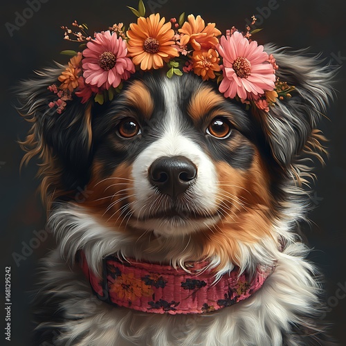 Adorable australian shepherd dog wearing a flower crown photo portrait looking directly at the camera